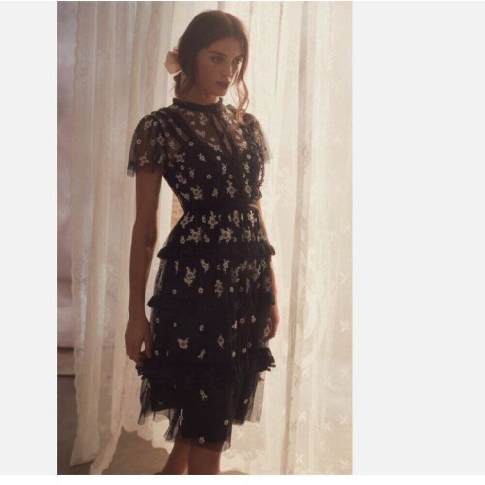 New Needle & Thread Black Ditsy Embroidered Midi Dress Floral Tulle Sz 6